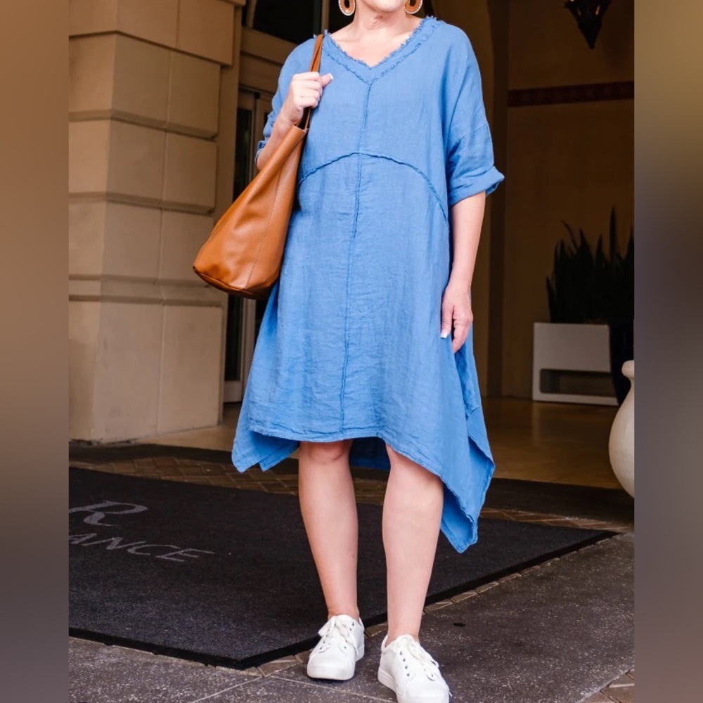 Tina Stephens Blue Elaine Raw Edge Linen Dress One Size